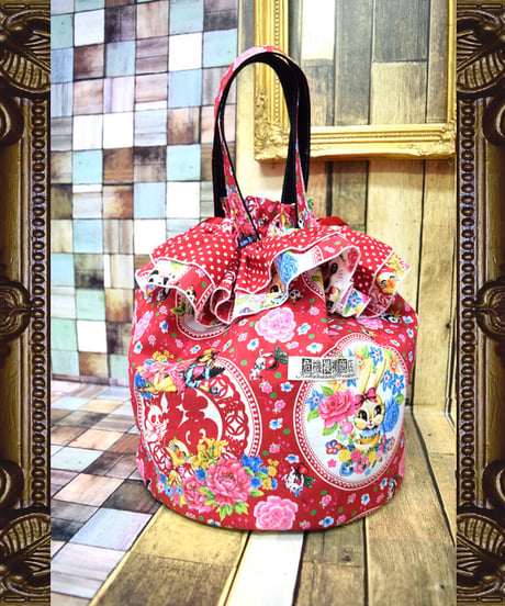 kki.2209　レトロチャイナきんちゃくBAG。＜アカ＞