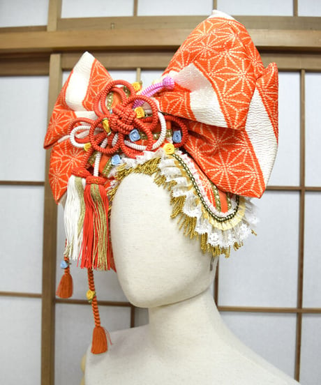 kki.2568　【KIMONO Custom】オレンジのちりめん帯おリボンカチューシャヘッドドレス。