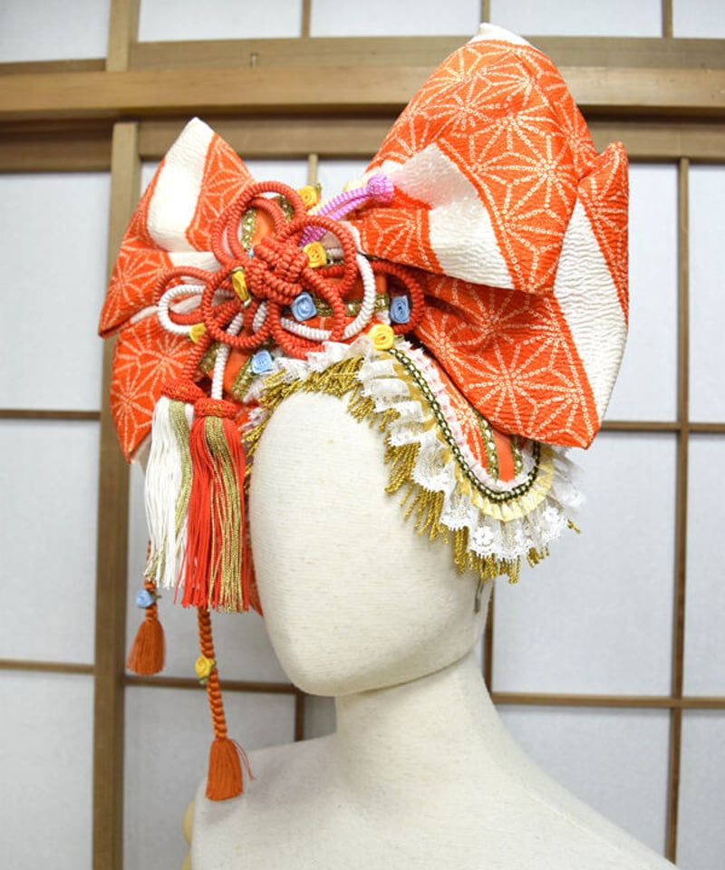 kki.2568 【KIMONO Custom】オレンジのちりめん帯おリボンカチューシャ