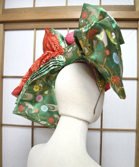 kki.2569　【KIMONO Custom】緑の帯とちりめんおリボンカチューシャヘッドドレス。