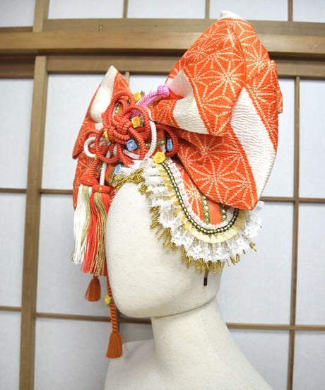 kki.2568　【KIMONO Custom】オレンジのちりめん帯おリボンカチューシャヘッドドレス。
