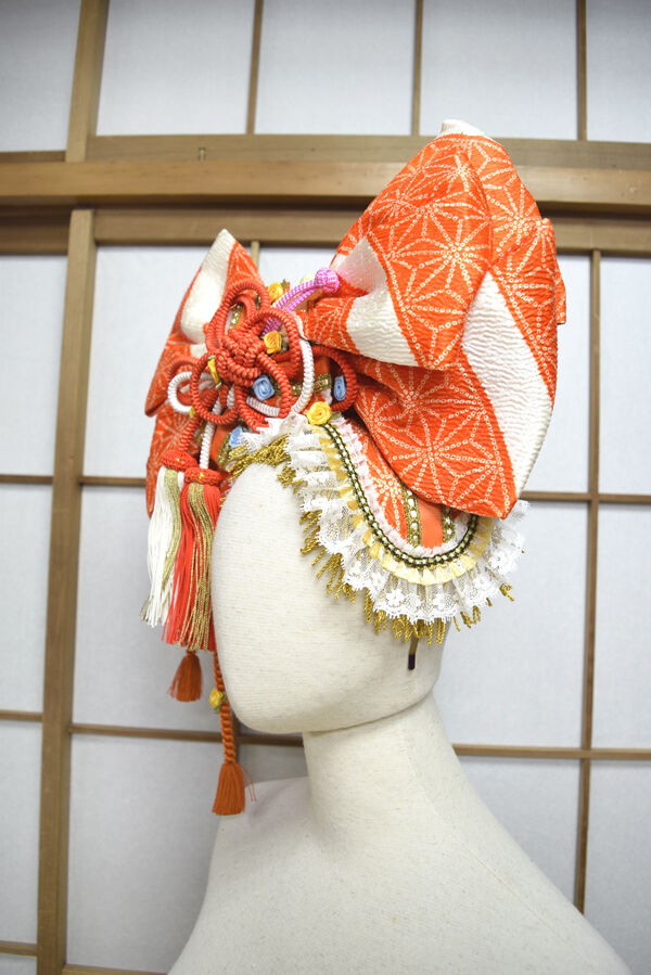 kki.2568 【KIMONO Custom】オレンジのちりめん帯おリボンカチューシャ