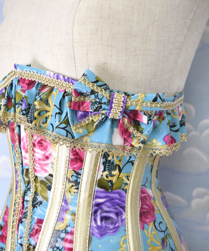 kki.2083 サックスブルーのロココローズリボンウエストコルセット