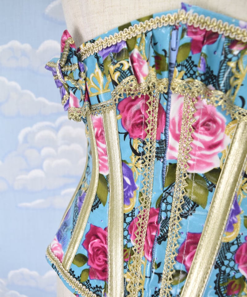 kki.2083 サックスブルーのロココローズリボンウエストコルセット