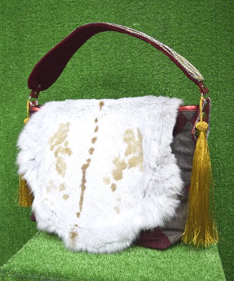 kki.2237　ヴィンテージジャガードラビットファーBAG。＜ワインレッド＞