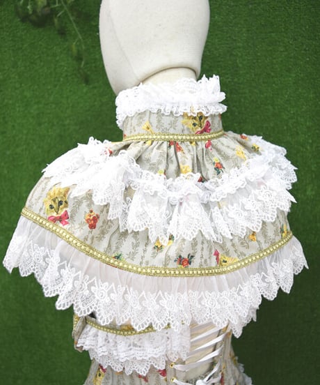 kki.2309　Pritty Cat Doll ボンネット、コルセット、ドロワーズ、フリルケープ、4点Set。
