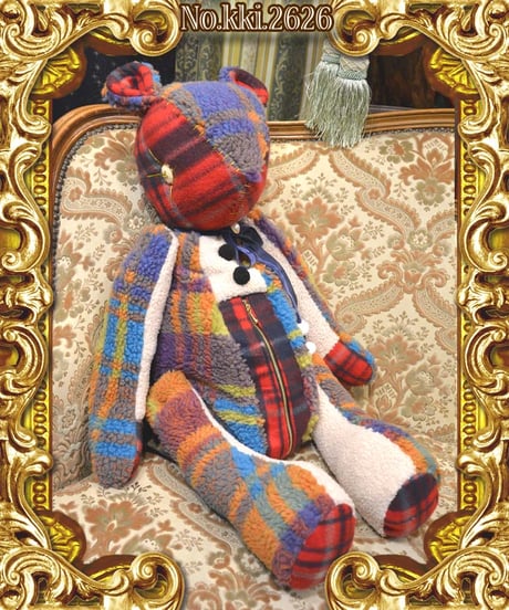 kki.2626　ボアとフリースのタータンチェックのデカいぬいぐるみBAG。  ＜くまちゃん＞
