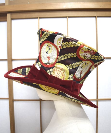 kki.2571　【KIMONO Custom】鶴の帯生地グラモフォンシルクハット。