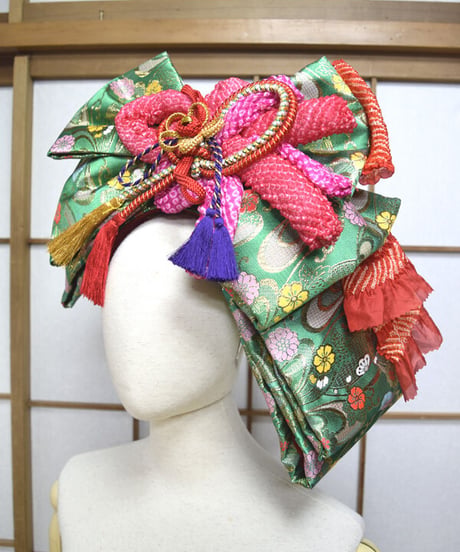 kki.2569　【KIMONO Custom】緑の帯とちりめんおリボンカチューシャヘッドドレス。