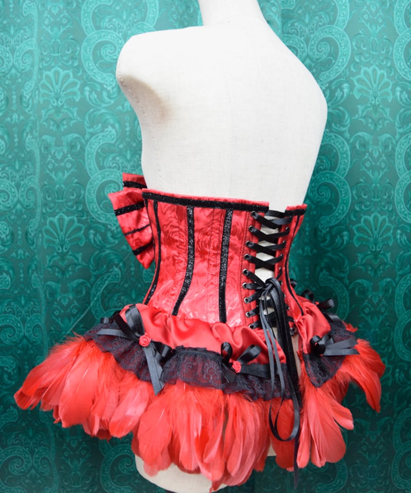 kki.2605 赤と黒の薔薇と羽根のコルセット クリノリン風スカートSet