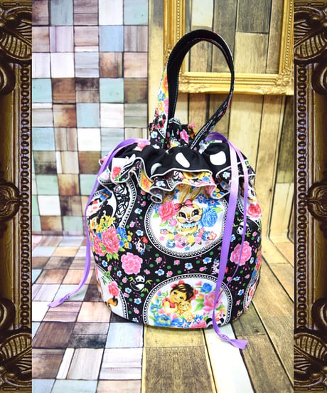 kki.2210　レトロチャイナきんちゃくBAG。＜くろ＞