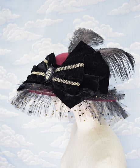 kki.2106　水玉チュールとボーンハンドのおリボンHAT。＜ワインレッド＞