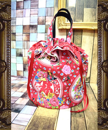 kki.2209　レトロチャイナきんちゃくBAG。＜アカ＞