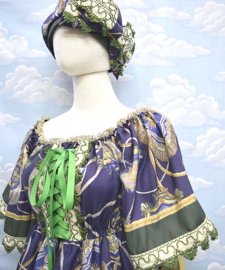 kki.2178　ヴィンテージエンブレムサマードレス　ベレー、ワイドパンツSet。