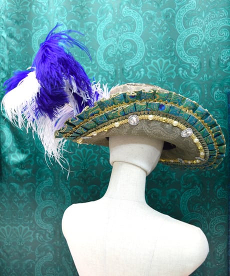 kki.2592　青薔薇と孔雀のフリルブリムHAT。