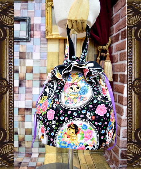 kki.2210　レトロチャイナきんちゃくBAG。＜くろ＞