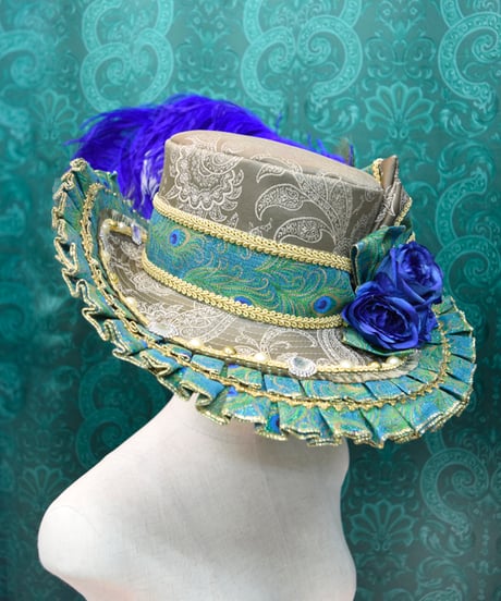 kki.2592　青薔薇と孔雀のフリルブリムHAT。