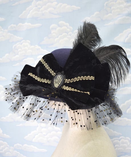 kki.2107　水玉チュールとボーンハンドのおリボンHAT。＜ネイビー＞
