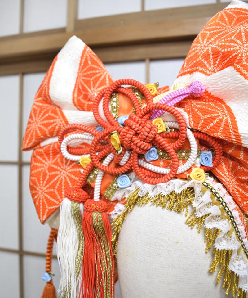 kki.2568 【KIMONO Custom】オレンジのちりめん帯おリボンカチューシャ