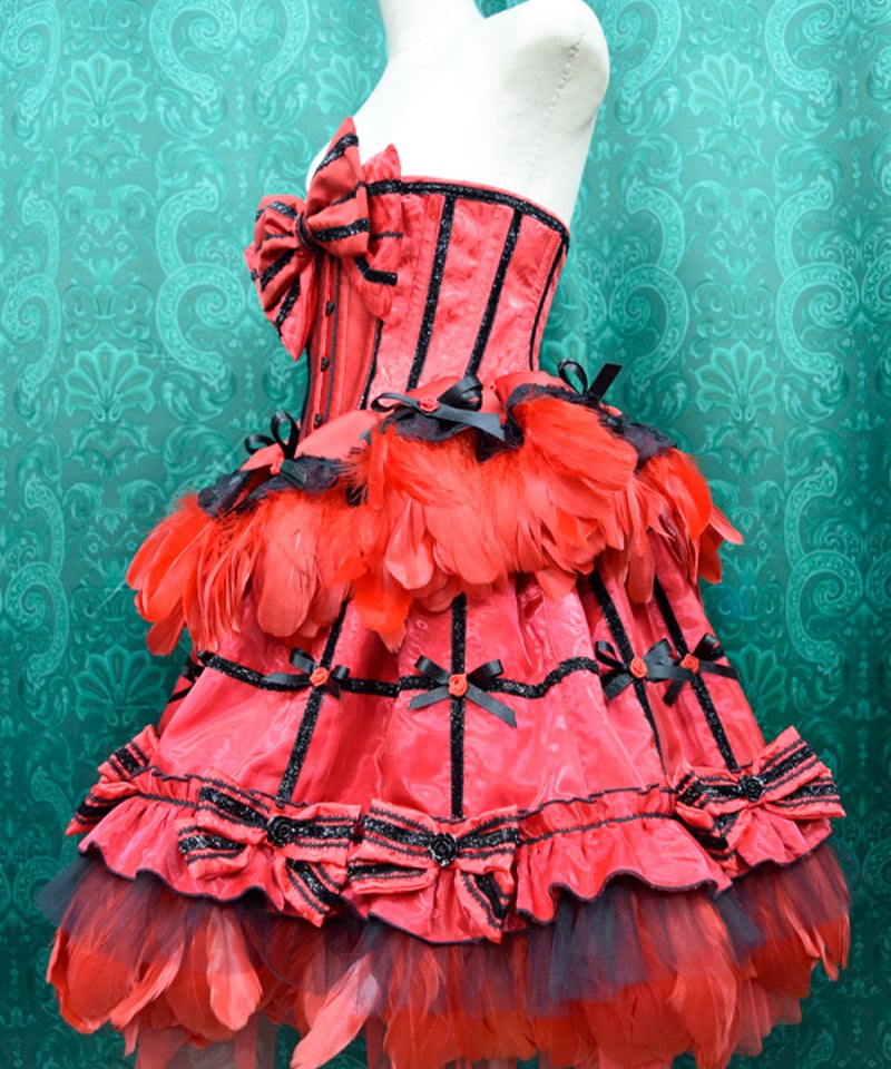 kki.2605 赤と黒の薔薇と羽根のコルセット クリノリン風スカートSet