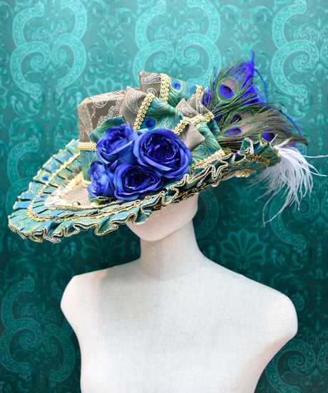 kki.2592　青薔薇と孔雀のフリルブリムHAT。