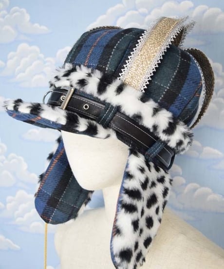 kki.2046　タータンチェッククラウンパイロットCAP。＜ブルー＞
