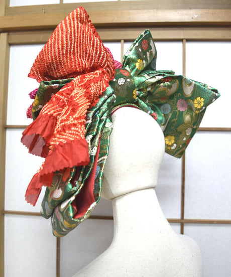 kki.2569　【KIMONO Custom】緑の帯とちりめんおリボンカチューシャヘッドドレス。