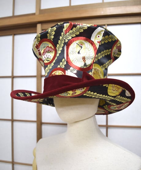 kki.2571　【KIMONO Custom】鶴の帯生地グラモフォンシルクハット。