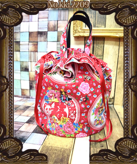 kki.2209　レトロチャイナきんちゃくBAG。＜アカ＞