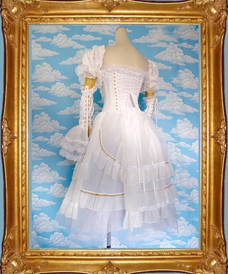 kki.1296　白い鳥バスクコルセットドレス/付け袖、パニエSet 。