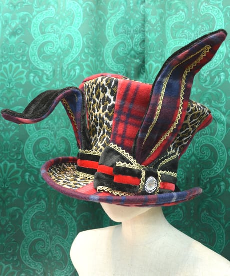 kki.2629　レオパードとチェックのウサギさんグラモフォンシルクHAT。