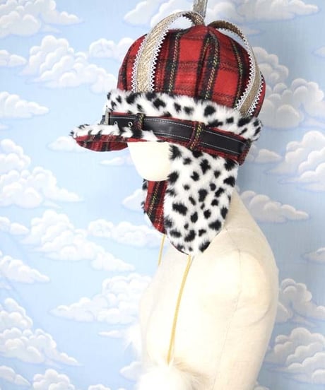 kki.2045　タータンチェッククラウンパイロットCAP。＜レッド＞