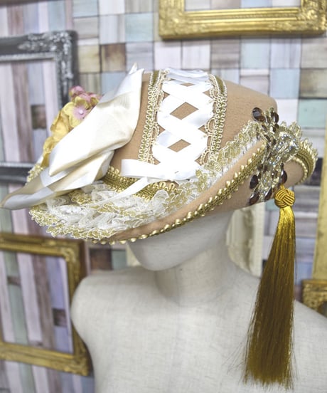kki.2187　編み上げと薔薇のアンティークデコレーションHAT。