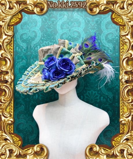 kki.2592　青薔薇と孔雀のフリルブリムHAT。