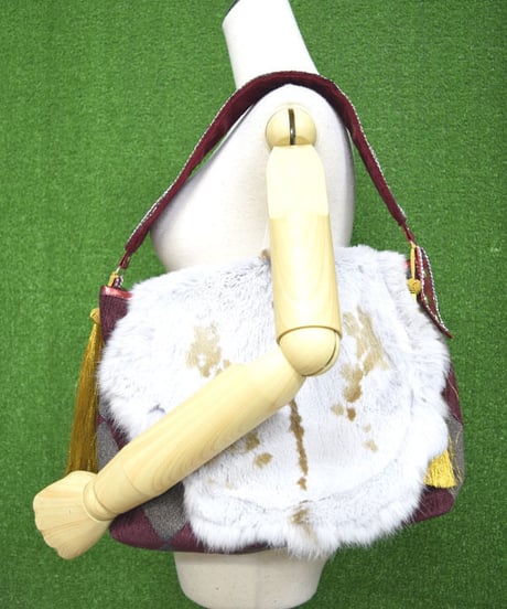 kki.2237　ヴィンテージジャガードラビットファーBAG。＜ワインレッド＞