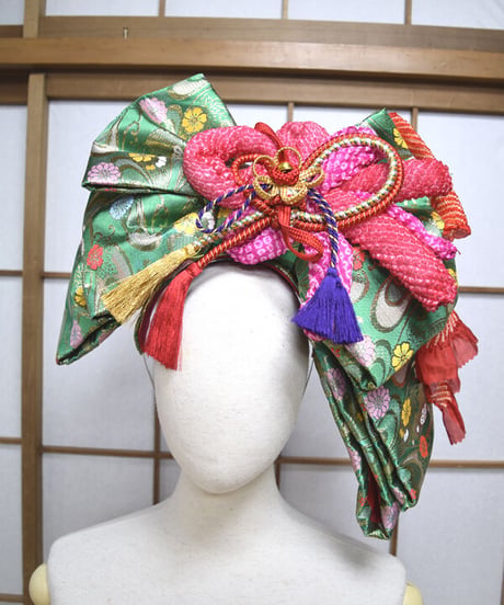 kki.2569　【KIMONO Custom】緑の帯とちりめんおリボンカチューシャヘッドドレス。