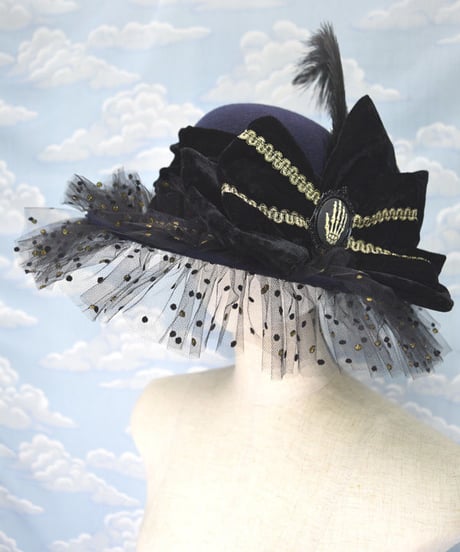 kki.2107　水玉チュールとボーンハンドのおリボンHAT。＜ネイビー＞