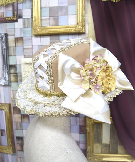 kki.2187　編み上げと薔薇のアンティークデコレーションHAT。
