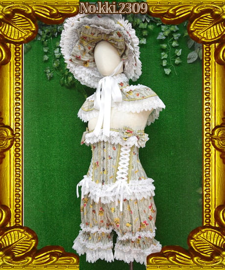 kki.2309　Pritty Cat Doll ボンネット、コルセット、ドロワーズ、フリルケープ、4点Set。