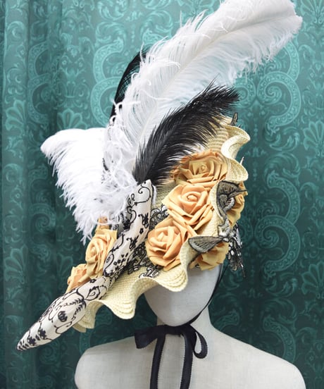 kki.2437　オーストリッチと薔薇のラウンドフリルストロードレスHAT。