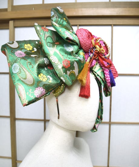 kki.2569　【KIMONO Custom】緑の帯とちりめんおリボンカチューシャヘッドドレス。