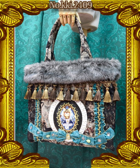 kki.2409　Catゴブランタッセルとファーのヴィンテージ風トートBAG。