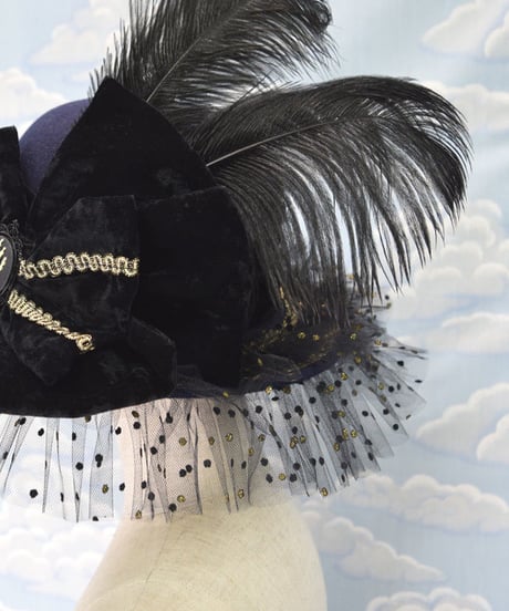 kki.2107　水玉チュールとボーンハンドのおリボンHAT。＜ネイビー＞