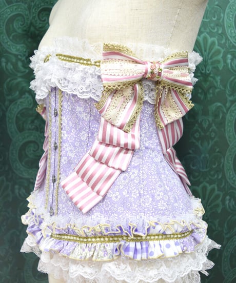 kki.2491　小花柄。ラベンダーとピンクのリボンウエストコルセット/ドロワーズ、カクテルSet。