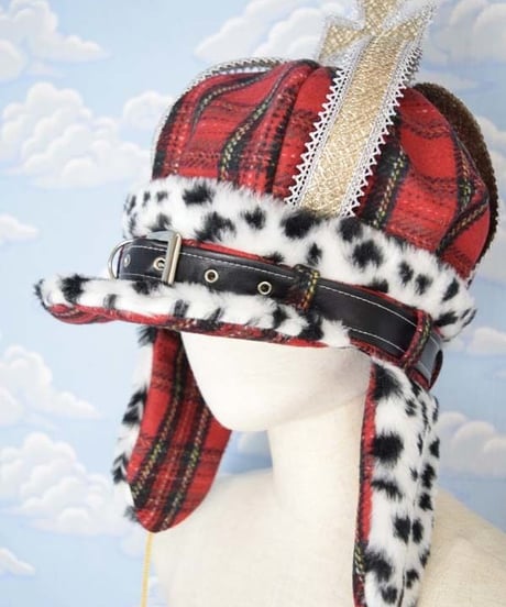 kki.2045　タータンチェッククラウンパイロットCAP。＜レッド＞