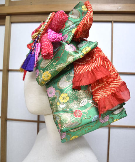 kki.2569　【KIMONO Custom】緑の帯とちりめんおリボンカチューシャヘッドドレス。