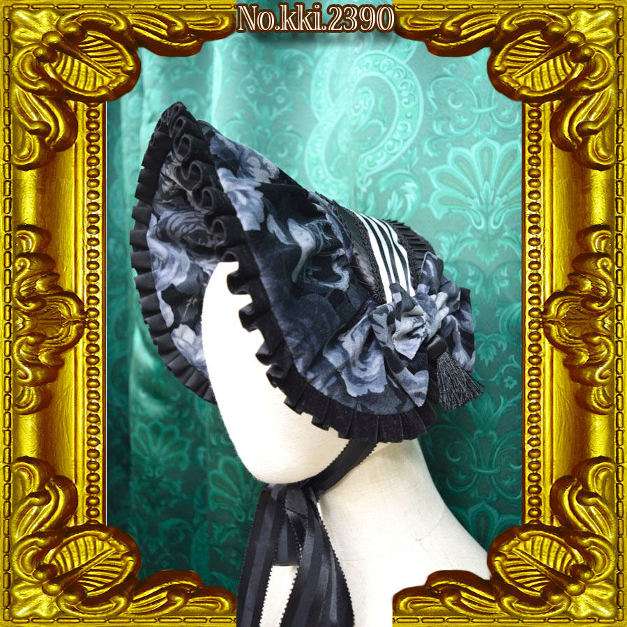 【漆黒の薔薇柄アンティークボンネットドレス】 黒薔薇の円形ヘッドドレス ヘッドドレス（アクセサリー