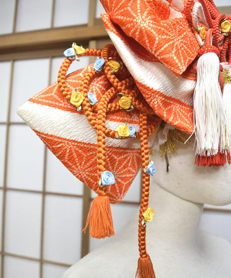 kki.2568　【KIMONO Custom】オレンジのちりめん帯おリボンカチューシャヘッドドレス。