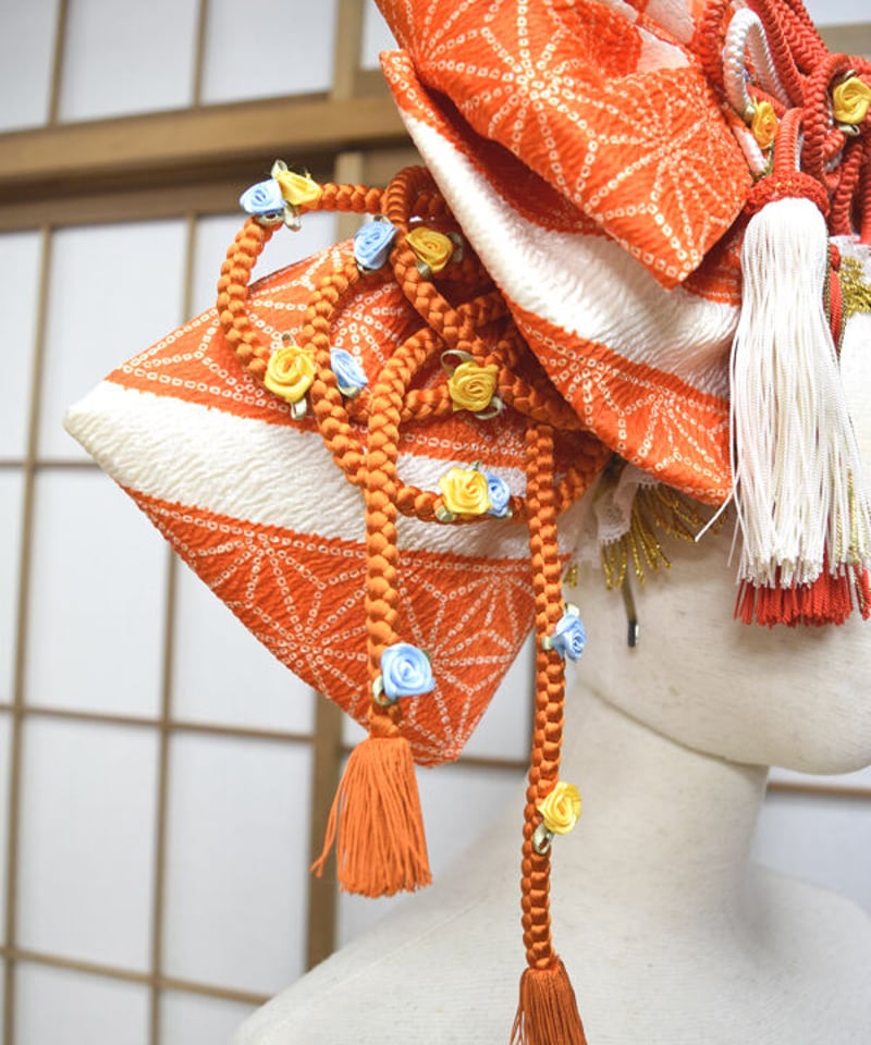 kki.2568 【KIMONO Custom】オレンジのちりめん帯おリボンカチューシャ