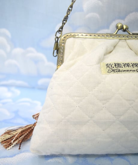 kki.2087　コットンキルティングのフリンジドクロがま口クラッチBAG。